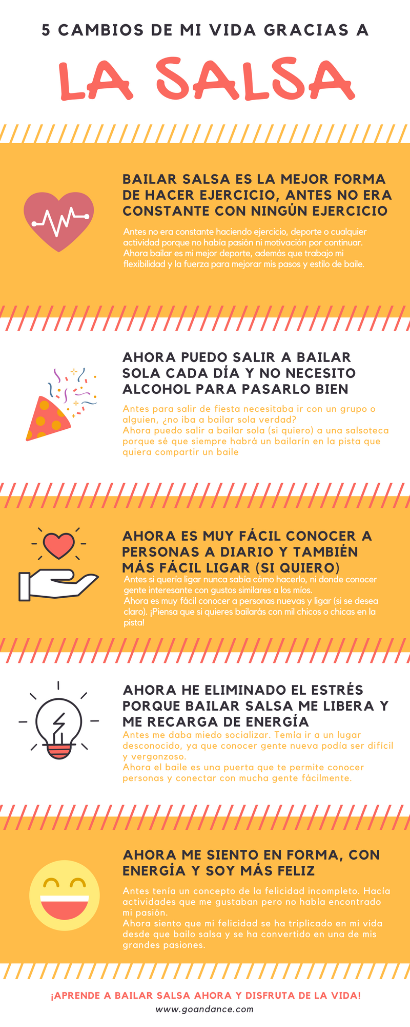 infografia con los cambios que apuntarme a bailar salsa ha provocado en mi vida.