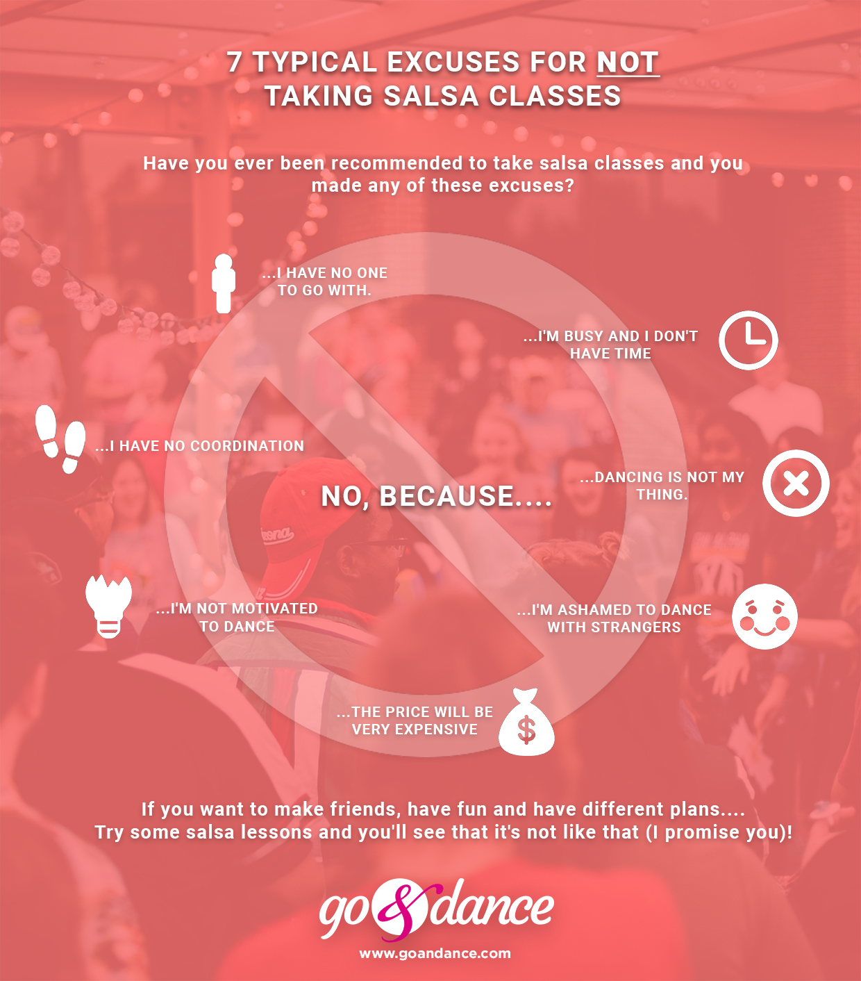 infographics with the 7 excuses that are usually said not to join salsa classes