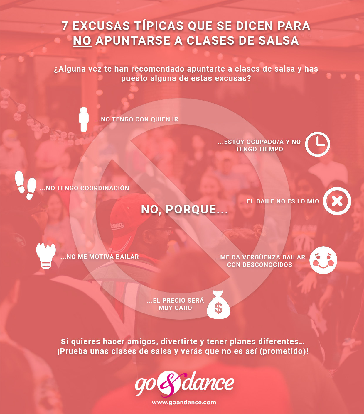 infografia con las 7 excusas que se suelen decir para no apuntarse a clases de salsa